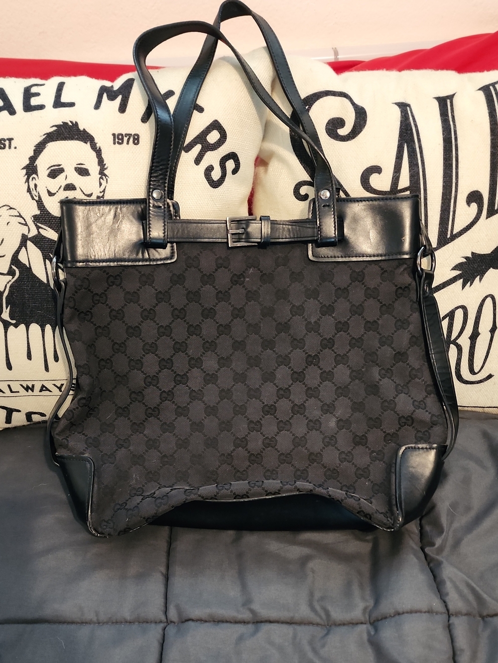 Authentic Gucci Black GG Buckle Canvas and Leather Tote - Super Cute!